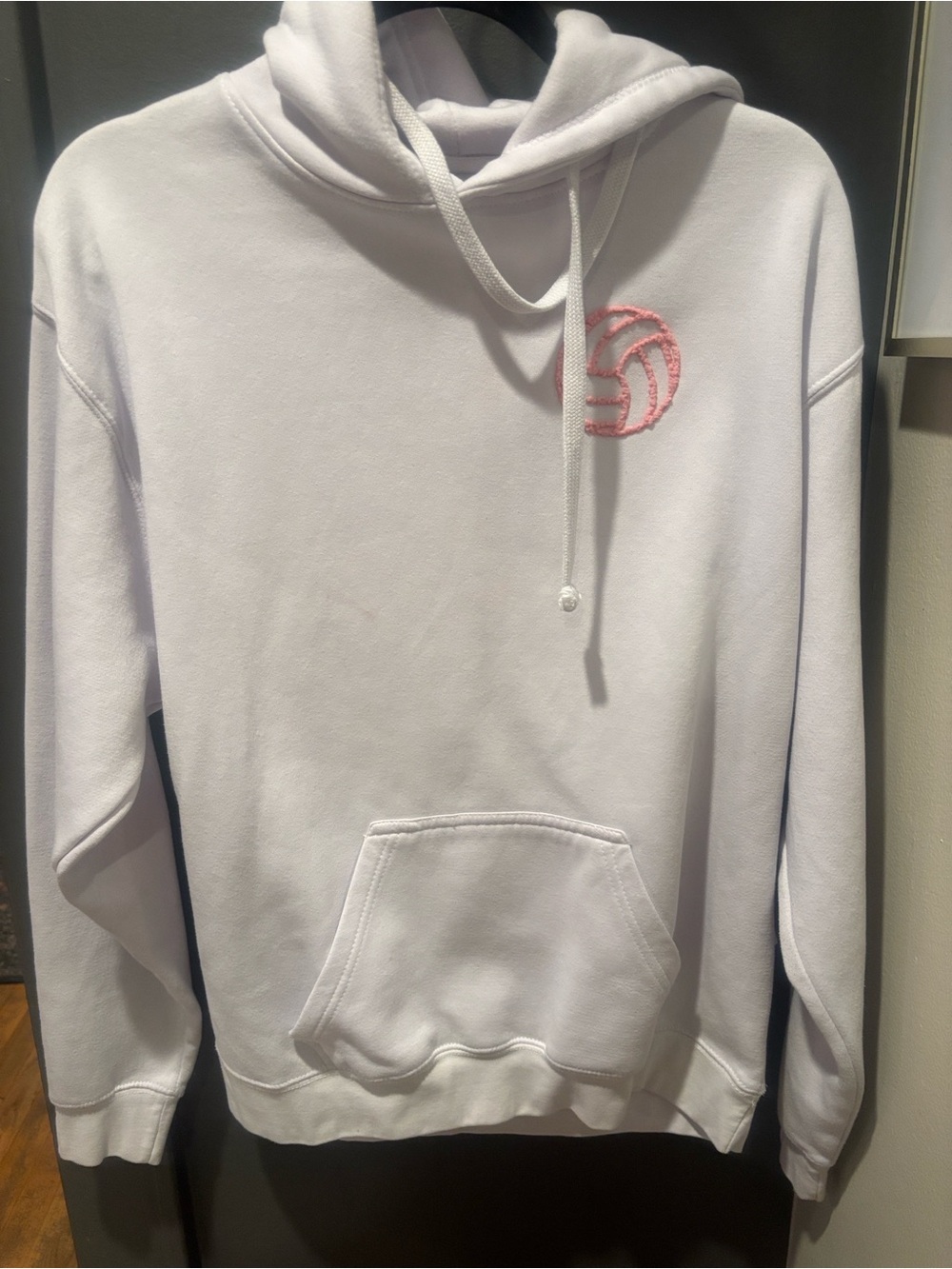 Men's White Crewneck Hoodie with Pink Embroidered Accent